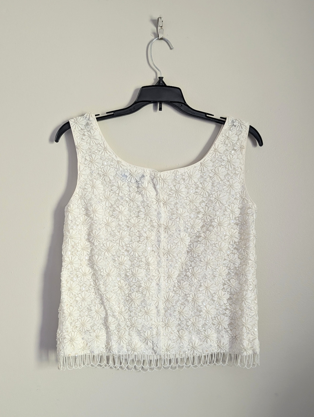60s Vintage Everfit Co. Ivory Pearl Beaded Shell Cocktail Top with Fringe - Picture 6 of 10
